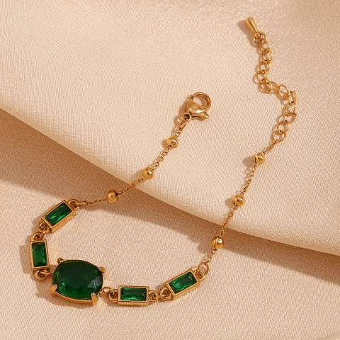 Stainless Steel 18K Gold Plated Green Stone Bracelet Geometric Oval Emerald Rectangular Rhinestone Adjustable Chain Jewelry For Women