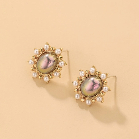Pendientes Botón Ovalados Vintage Aleación Perla Artificial Imitación Piedra Irisada Con Poste Plata Esterlina 925 Mujeres Elegante
