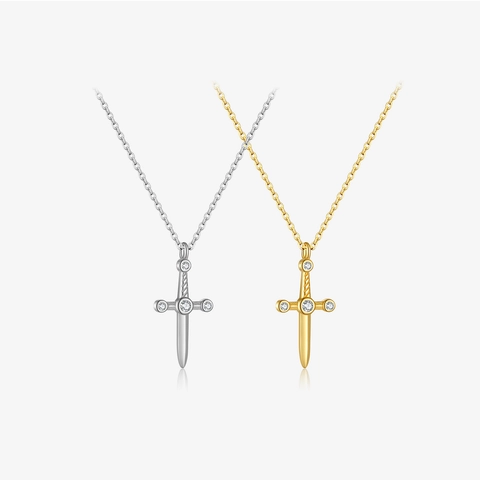 Collana Pugnale Argento Sterling 925 Ciondolo Spada Croce Con Zircone Placcato Oro 18K Gioielli Di Moda Per Donne