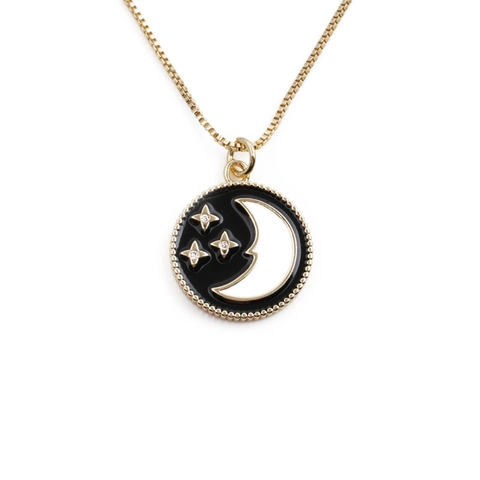 Collana Con Ciondolo Rotondo Mezzaluna E Stelle Rame Smalto Nero Celeste Placcato Oro Catena Scatola Gioielli Zircone