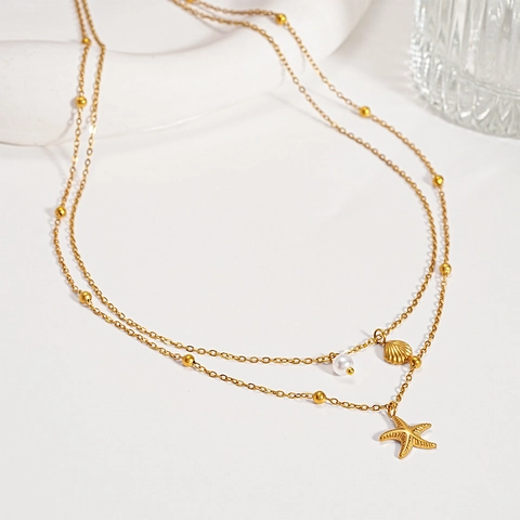 Collar De Doble Capa Oro Estrella De Mar Concha Imitación Perla Artificial Colgantes Acero Inoxidable Joyas De Playa Para Mujeres