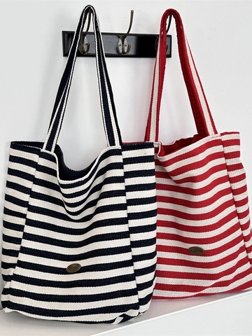 Sac Fourre-tout En Toile Rayée Grande Capacité Sac À Main Bandoulière Avec Décoration Noeud En Dentelle Pour Femmes Style Vintage