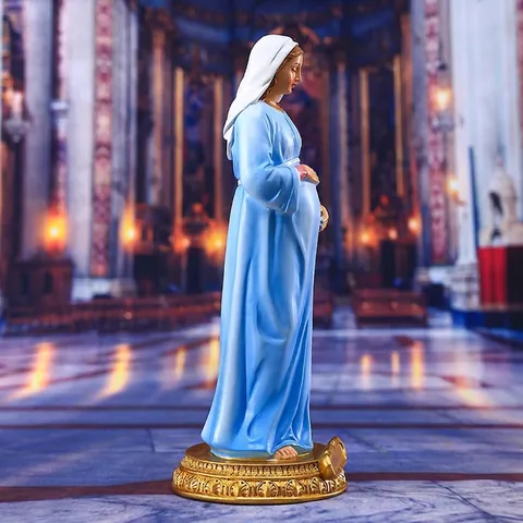 Vierge Marie Enceinte Statue Mère Figurine Résine Religieuse Catholique Décoration Classique Sculpture Bleu Base Dorée