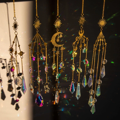 Crystal Suncatcher Wind Chime Hanging Decoration Golden Metal Celestial Sun Moon Star Rainbow Maker For Window Home Garden