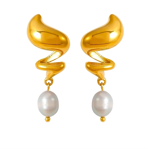 Orecchini A Goccia A Spirale Acciaio Inossidabile Placcato Oro 18K Perla D'acqua Dolce Vintage Francese Elegante Per Donne
