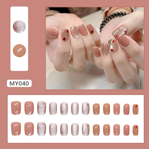 ABS Plastic Short Ballet Press On Nails Pink Cat Eye Magnetic Gradient Heart Design Sweet Elegant Fake Nails