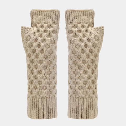 Women Winter Thickened Acrylic Knit Hat Scarf And Fingerless Gloves Set Solid Honeycomb Pattern Warm Pom Pom Beanie Accessories