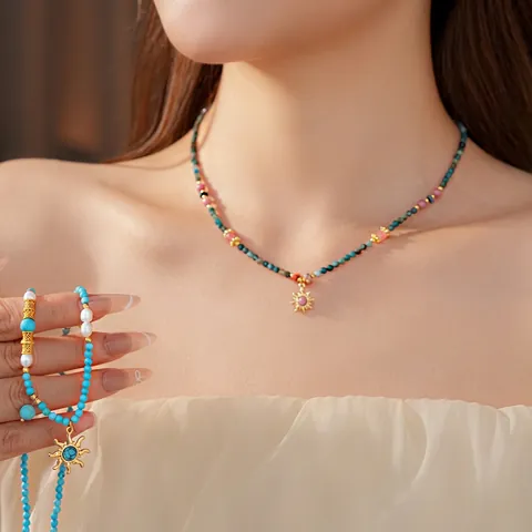 Collana Di Perline Con Pendente Sole Pietra E Perla Acqua Dolce Gioielli Bohemian Etnici Per Donna