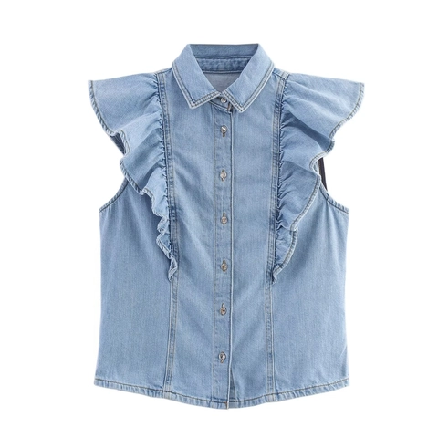 Top Senza Maniche In Denim Con Volant E Jeans A Vita Alta Con Cintura Blu Chiaro Streetwear Casual Da Donna