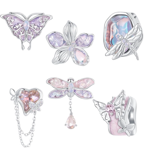 925 Sterling Silver Charm Bead For DIY Bracelet Purple Butterfly Dragonfly Flower Heart Zircon Nano Opal Dreamy Accessory