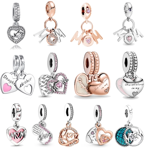 Copper Plated Silver Mom Heart Pendant Charm For Mother's Day DIY Jewelry Accessories Rhinestone Engraved Mothers Gift