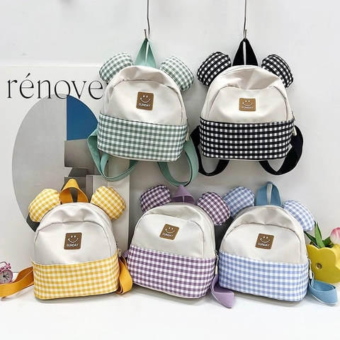 Kids Canvas Backpack Checkered Patchwork Round Ears Korean Cute Toddler Bookbag Fashion Schoolbag For Boys And Girls