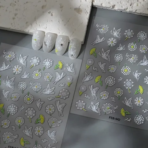 Autocollants Ongles Relief 5D Pissenlit Papillon Floral Adhésif Manucure Décalcomanies Étanche Élégant Pour Femmes