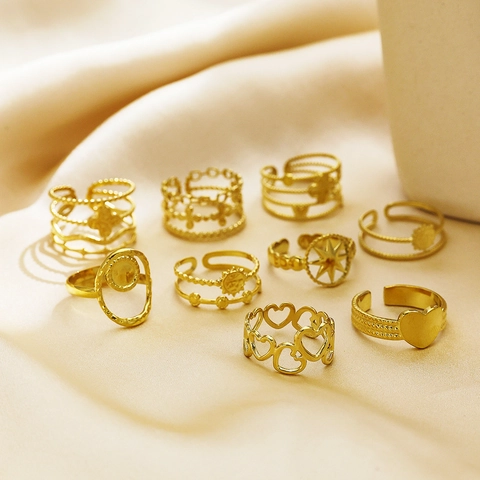 18 Karat Vergoldeter Edelstahl Offener Ring Für Damen Vintage Herz Achtzackiger Stern Verstellbarer Fingerring Modeschmuck