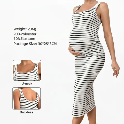 Abito Premaman A Righe A Costine Scollo A U Senza Maniche Slim Fit Spacco Laterale Alta Elasticità Casual Estate Gravidanza