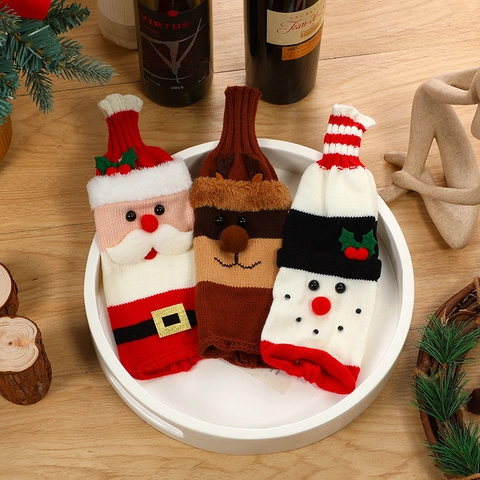 Christmas Knitted Wine Bottle Covers Santa Claus Snowman Reindeer Patterns Festive Holiday Dining Table Party Decor