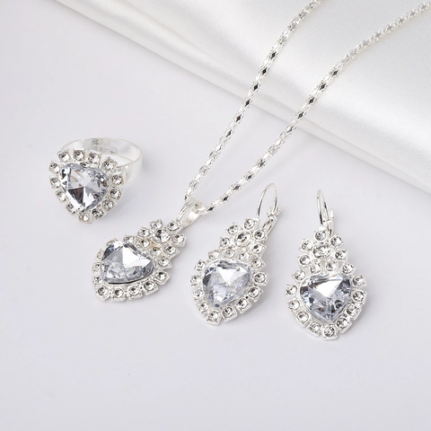 Heart Shaped Jewelry Necklace Earrings And Ring Alloy Rhinestone Silver Tone For Women Elegant Fashion