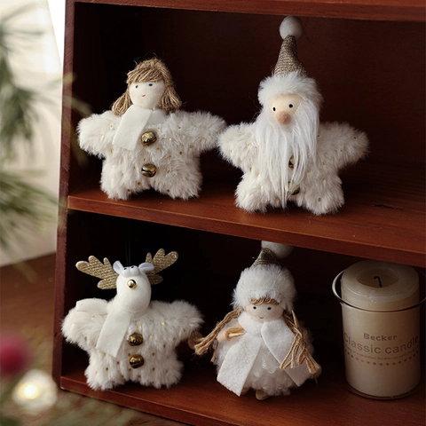 Adornos Colgantes Para Árbol De Navidad De Felpa Blanca Con Lentejuelas Doradas Y Campanas Ángel Papá Noel Muñeco De Nieve