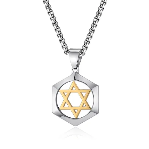 Star Of David Pendant Necklace Stainless Steel Hexagon Geometric Hexagram Jewelry For Men Unisex Box Chain Polished