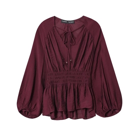 Women Elegant V Neck Smocked Waist Blouse Lantern Sleeve Tie Front Solid Color Tencel Cotton Long Sleeve Shirt Top