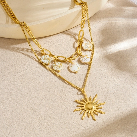Collar Doble Capa Acero Inoxidable Chapado Oro Colgante Sol Cuentas Textura Marmol Blanco Vintage Retro Geometrico Mujeres