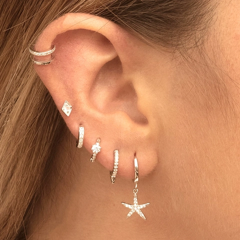 Orecchini a Cerchio con Pendente a Stella Marina in Rame e Zirconia Perno in Argento S925 Gioielli Moda Donna Oro Argento