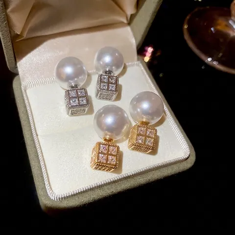 Boucles D'oreilles Cube Géométrique Zircone Et Künstliche Perle Avec Tige En Argent Sterling 925 Style Élégant Français
