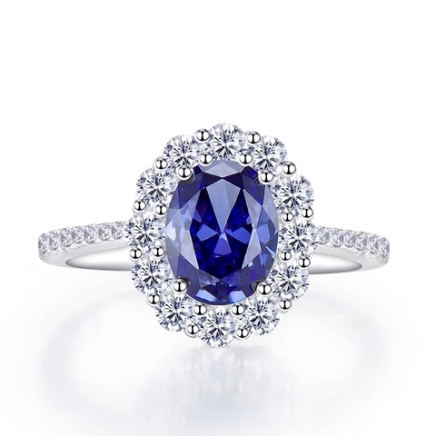 Classic Oval Created Sapphire Ring 925 Sterling Silver Halo Zircon Elegant Jewelry For Women