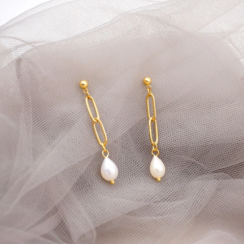 Orecchini Pendenti Con Perle Acqua Dolce Con Perno In Argento Catena In Acciaio Inossidabile Maglia Ovale Vintage Minimalista Donna