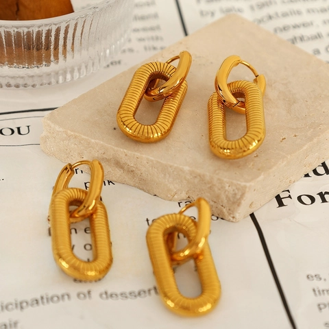 Elegantes Pendientes de Acero Inoxidable Chapados en Oro con Eslabón Doble Geométrico Óvalo Textura en Espiral Pendientes de Botón Mujer Joyería