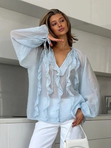 Blusa Con Volant Da Donna Misto Viscosa Tencel Scollo A V Maniche A Lanterna Polsini Con Lacci Stile Francese