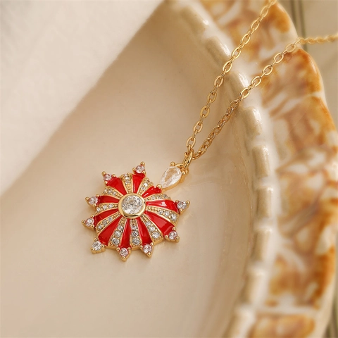 Sacred Heart Pendant Necklace Gold Plated Copper Micro Pave Zirconia Enamel Sunburst Vintage Religious Jewelry For Women