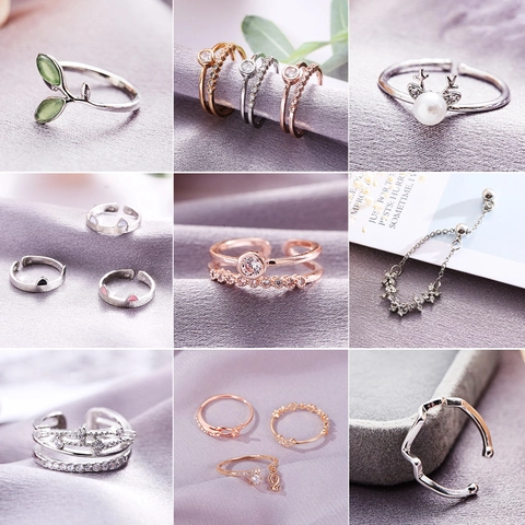 Fashion Adjustable Open Ring Alloy 925 Sterling Silver Cubic Zirconia Cat Heart Geometric Design Trendy Jewelry For Women