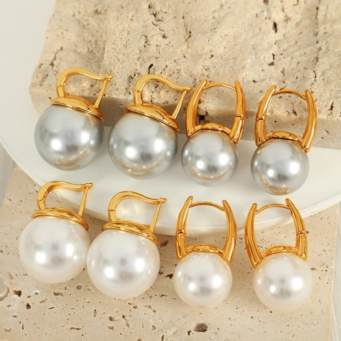 Französische Nischendesign Goldene Kupfer Tropfenohrringe Mit Eleganten Großen Runden Weißen Grauen Glasperlen Für Damen