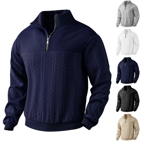Men Knit Quarter Zip Pullover Sweater Polyester Blend Stand Collar Long Sleeve Cable Knit Patchwork Casual Vintage Style Fashion