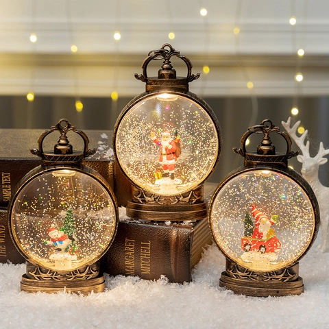 Christmas Snow Globe Lantern LED Lighted Water Lantern Vintage Bronze Style Santa Claus Snowman Desktop Holiday Decor