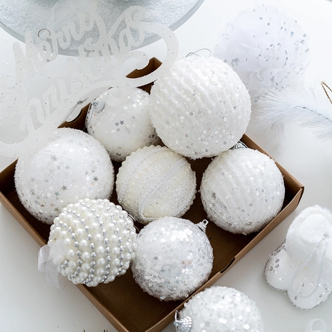 Christmas Ball Ornaments White Foam Sequin Glitter Artificial Pearl Hanging Pendants For Xmas Tree Winter Holiday Decoration Elegant