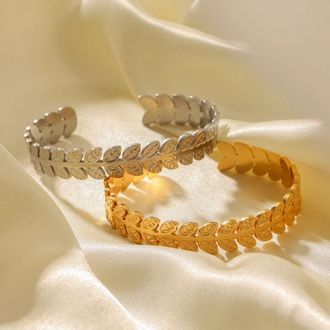 Bracelet Jonc Feuille Acier Inoxydable Ouvert Ajustable Bijoux Élégants Pour Femmes Style Ins Accessoire De Main Haut De Gamme