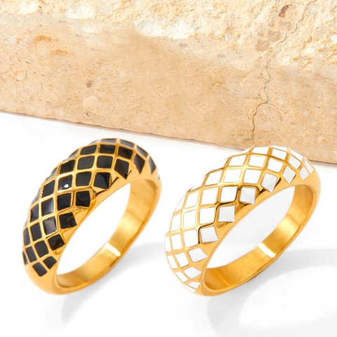 Stainless Steel Checkerboard Ring Enamel French Vintage Diamond Grid Jewelry For Men Women Gold Plated Elegant
