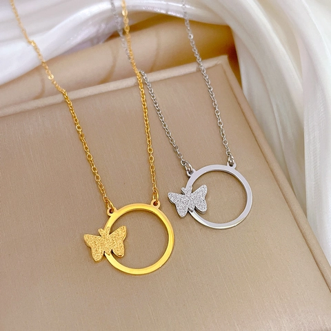 Collar Con Colgante De Mariposa Y Círculo Acero De Titanio Minimalista Elegante Cadena Para Mujer