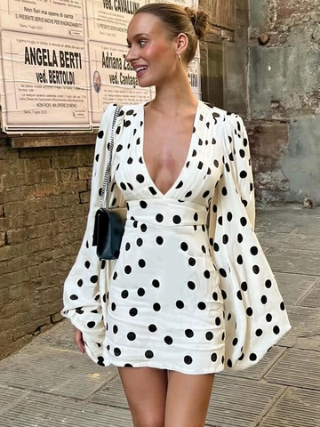 Polka Dot Mini Jurk Dames Polyester Spandex Diepe V-Hals Lange Lantaarnmouwen Slim Fit Mode Sexy Streetwear