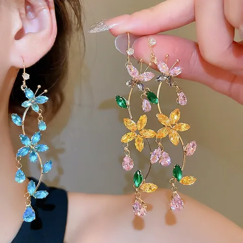 Butterfly Flower Tassel Dangle Drop Earrings Zircon Copper With 925 Sterling Silver Earring Post Women Elegant Luxury