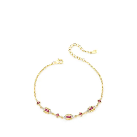 Retro Geometric Bracelet 925 Sterling Silver Gold Plated Red Rectangle Cubic Zirconia Jewelry For Women Elegant