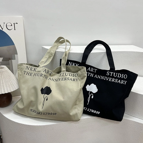 Large Capacity Canvas Tote Bag Women Shoulder Handbag Simple Floral Letter Print Trendy Daily Versatile Shopper