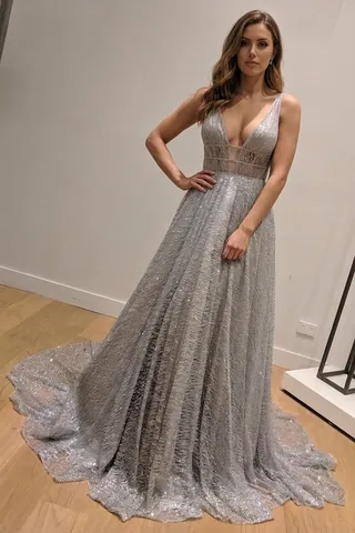 Abito Da Sera Con Paillettes Argentate Scollo A V Profondo Schiena Scoperta Senza Maniche Lungo Abito Da Gran Galà Con Strascico Elegante Abbigliamento Da Festa Formale