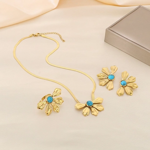 Collana Orecchini E Anello In Acciaio Inossidabile Placcato Oro 18K Petalo Di Fiore Turchese Perla Artificial Accessorio Moda Donna