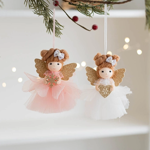 Bambola Angelo Di Natale Ornamenti Appesi Gonna Tutu In Garza Di Rete Pendente Capelli In Lana Ali Scintillanti Decorazione Albero