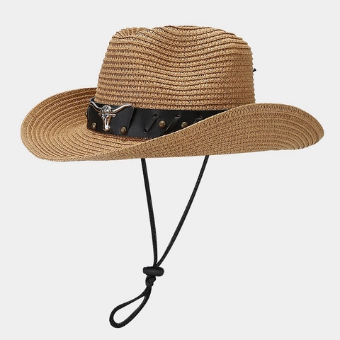 Western Cowboy Hat Straw Sun Protection Breathable Retro Bull Head Metal Decor Leather Belt Adjustable Wind String