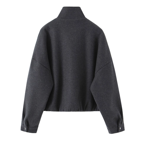 Women Stand Collar Short Flight Jacket Solid Color Woolen Texture Bomber Coat With Snap Buttons And Pockets Streetwear