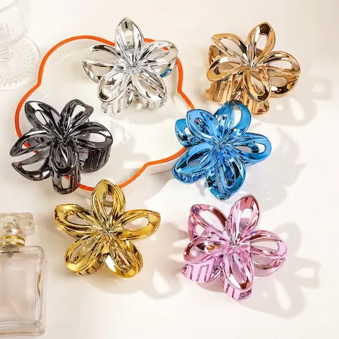 Hollow Out Frangipani Flower Hair Claw Clip Metallic Finish Plastic Elegant Shark Clip Hair Accessories For Women